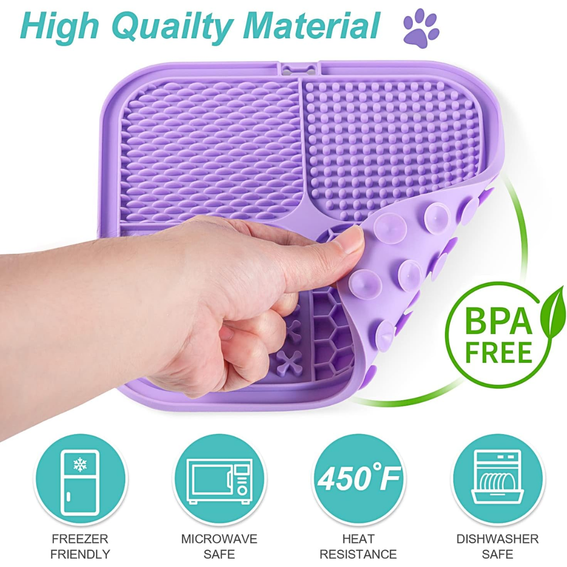 Hand holding a flexible silicone lick mat