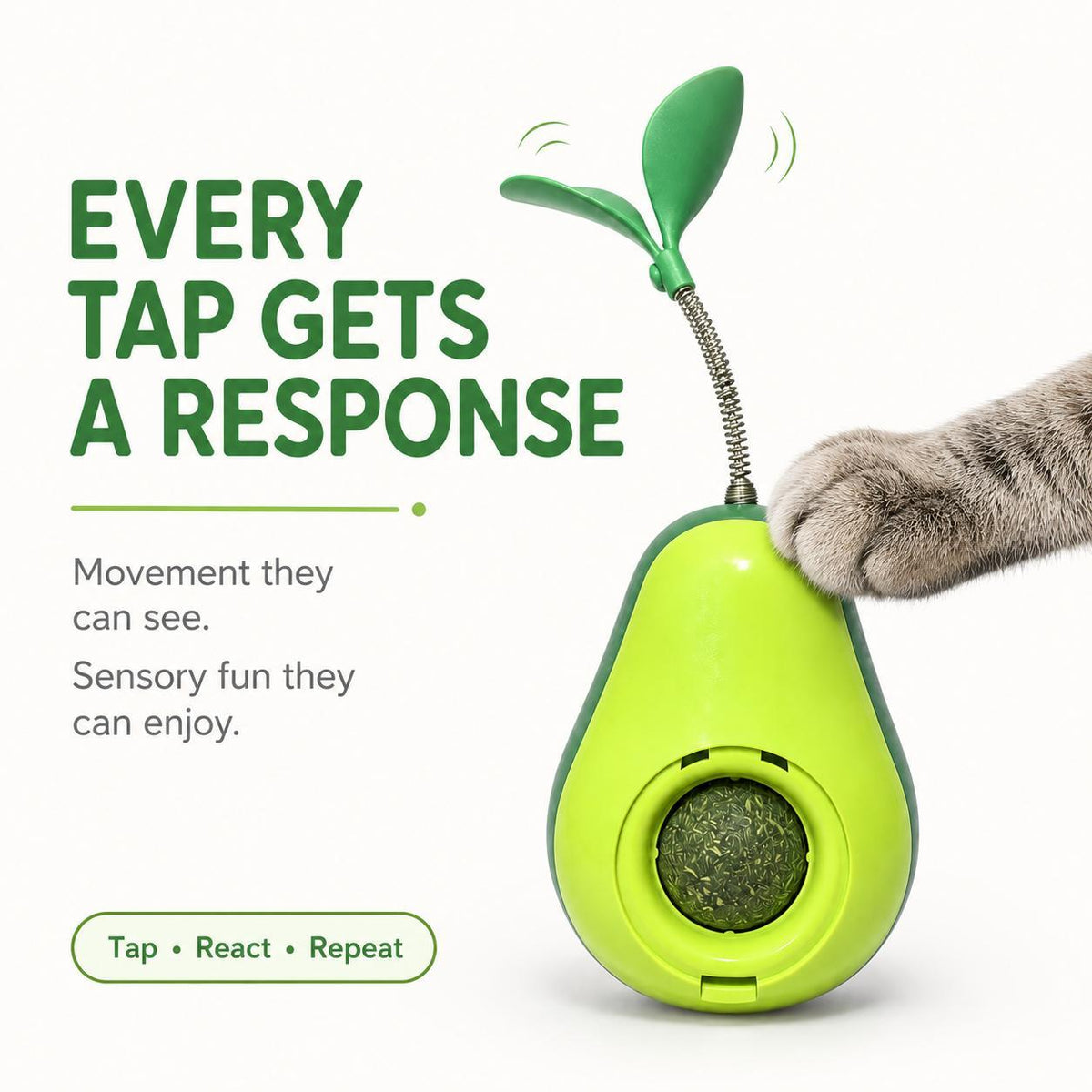 Avocado-shaped cat tumbler toy with catnip ball window and spring feather teaser, cat paw tapping it, captioned every tap gets a response.