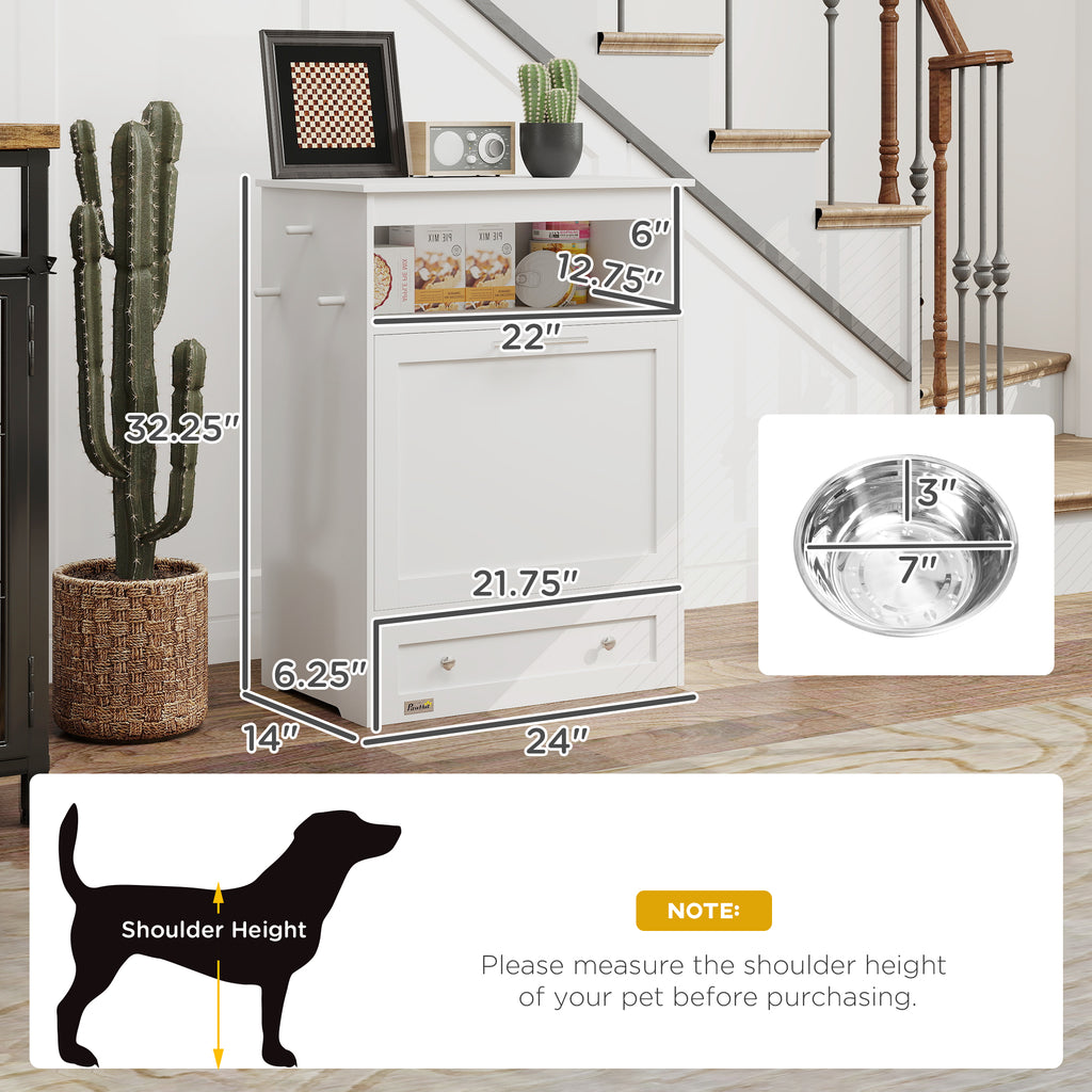 Dimensions diagram of white pet feeder station storage cabinet – 32.25 x 24 inch with 7-inch dog bowls and shoulder height sizing guide