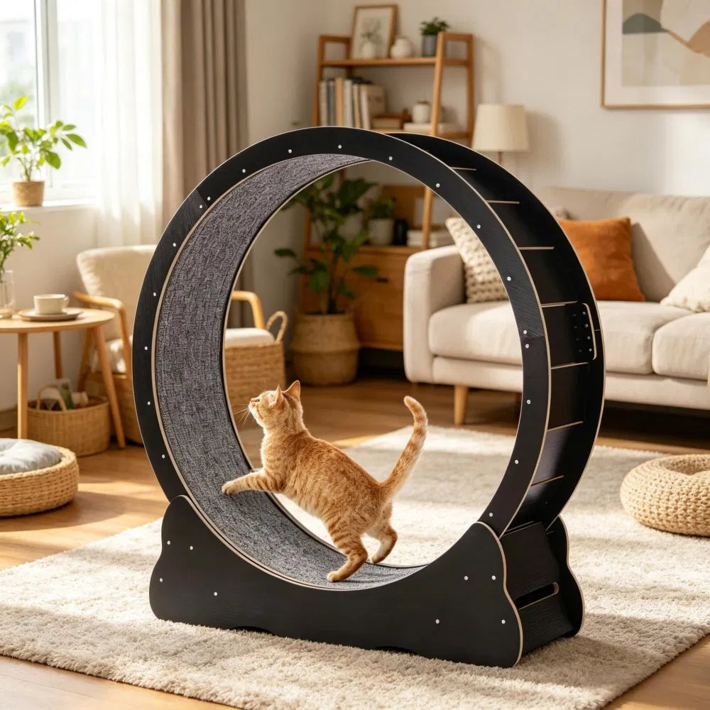 Orange tabby cat climbing in a black wooden cat exercise wheel in a cozy living room