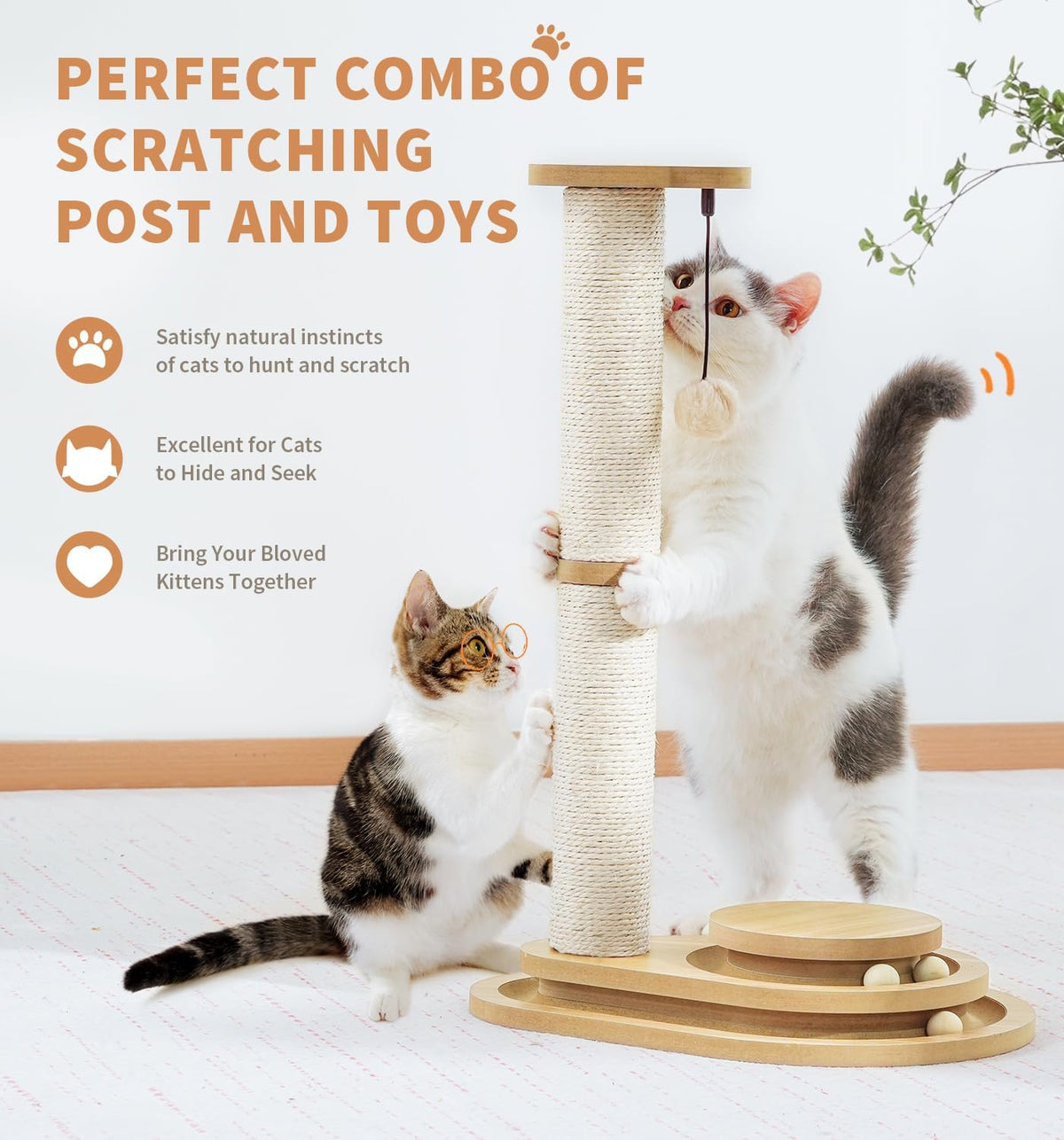 Marketing graphic showing two cats playing at the scratching post, one batting a hanging ball, with the ball-track base and toy combo callouts.