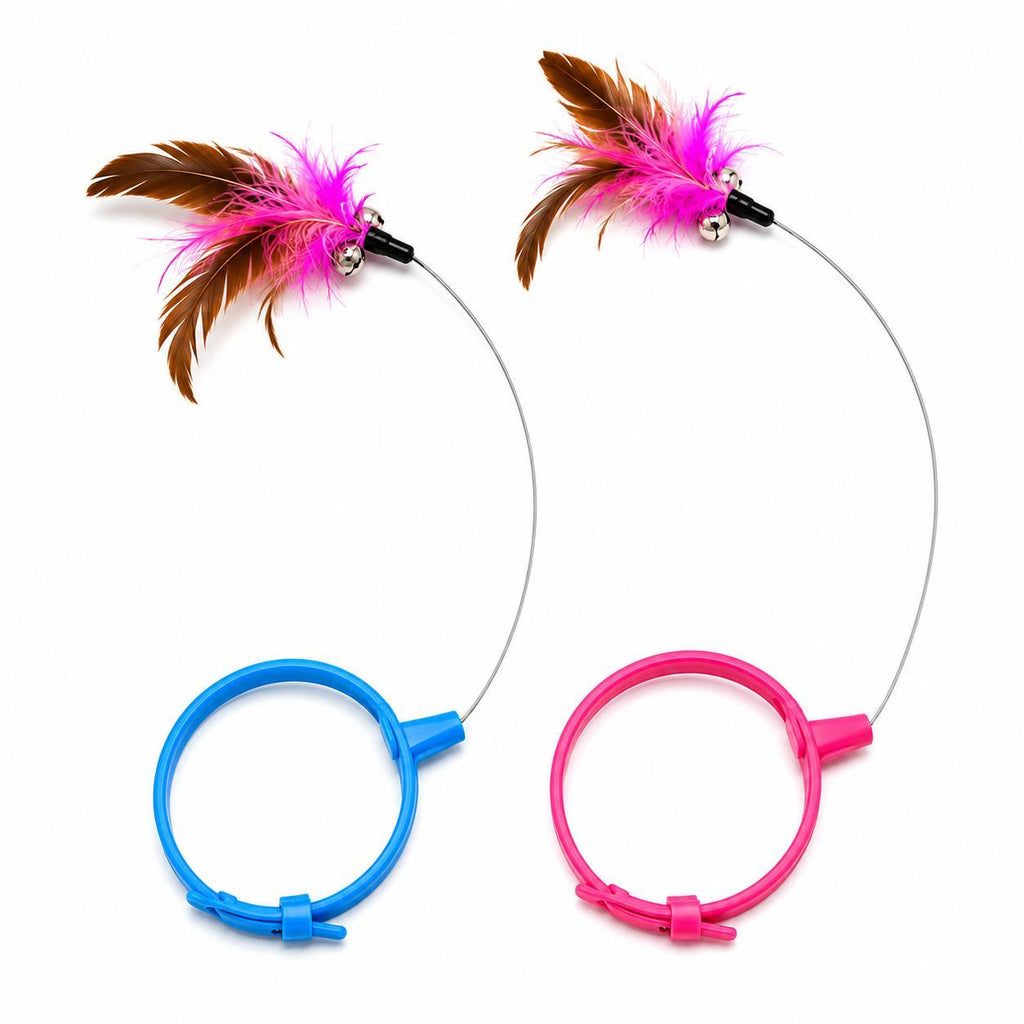 Two wearable feather collar teasers in blue and pink with feather tassels and bells, isolated on white.