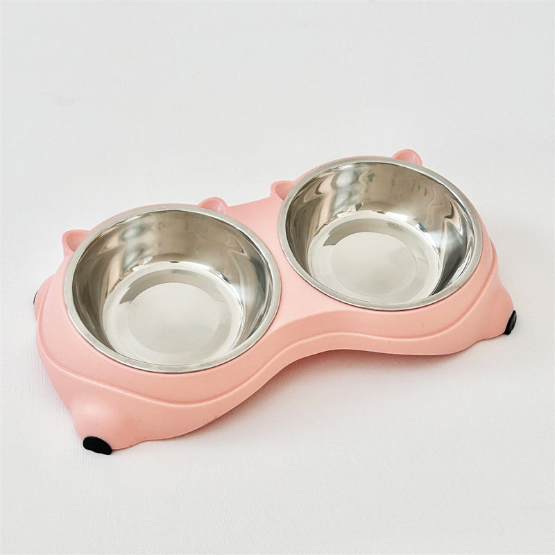 Pink double macaron stainless steel pet bowl with bone-shaped plastic base