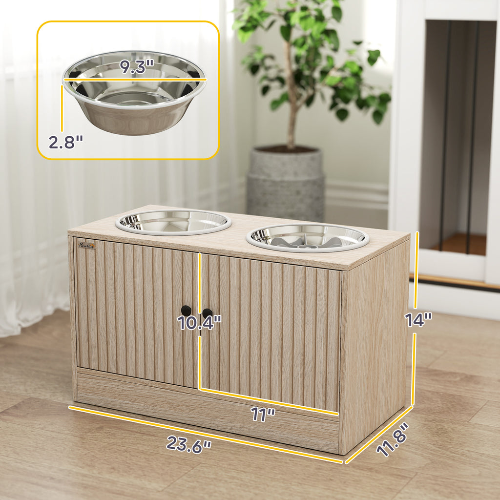 Oak dog bowl stand with hidden storage cabinet detail