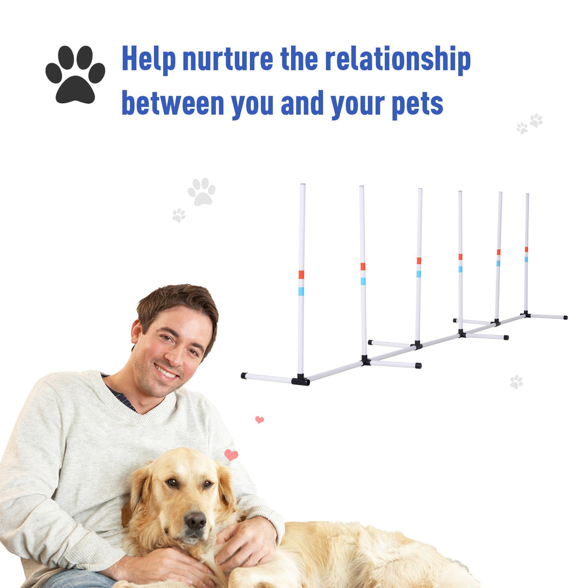 Help nurture the relationship between you and your pets graphic showing a man hugging a golden retriever beside the agility weave poles