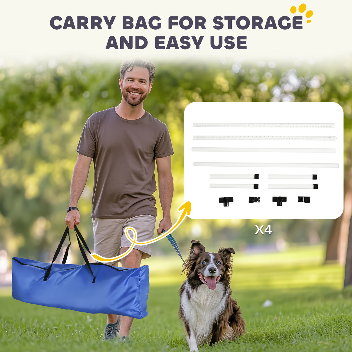 Man carrying the blue storage carry bag with a border collie, showing the jump bar pieces and connectors