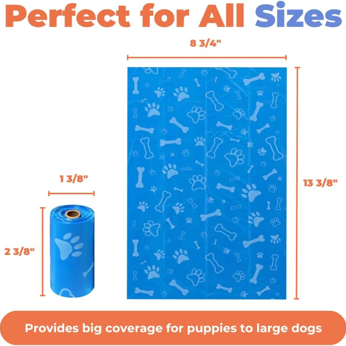 dog poop bag size guide showing 8.75 by 13.375 inch bag fits puppies to large dogs