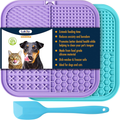 Purple slow feeder lick mat with packaging and dog photos