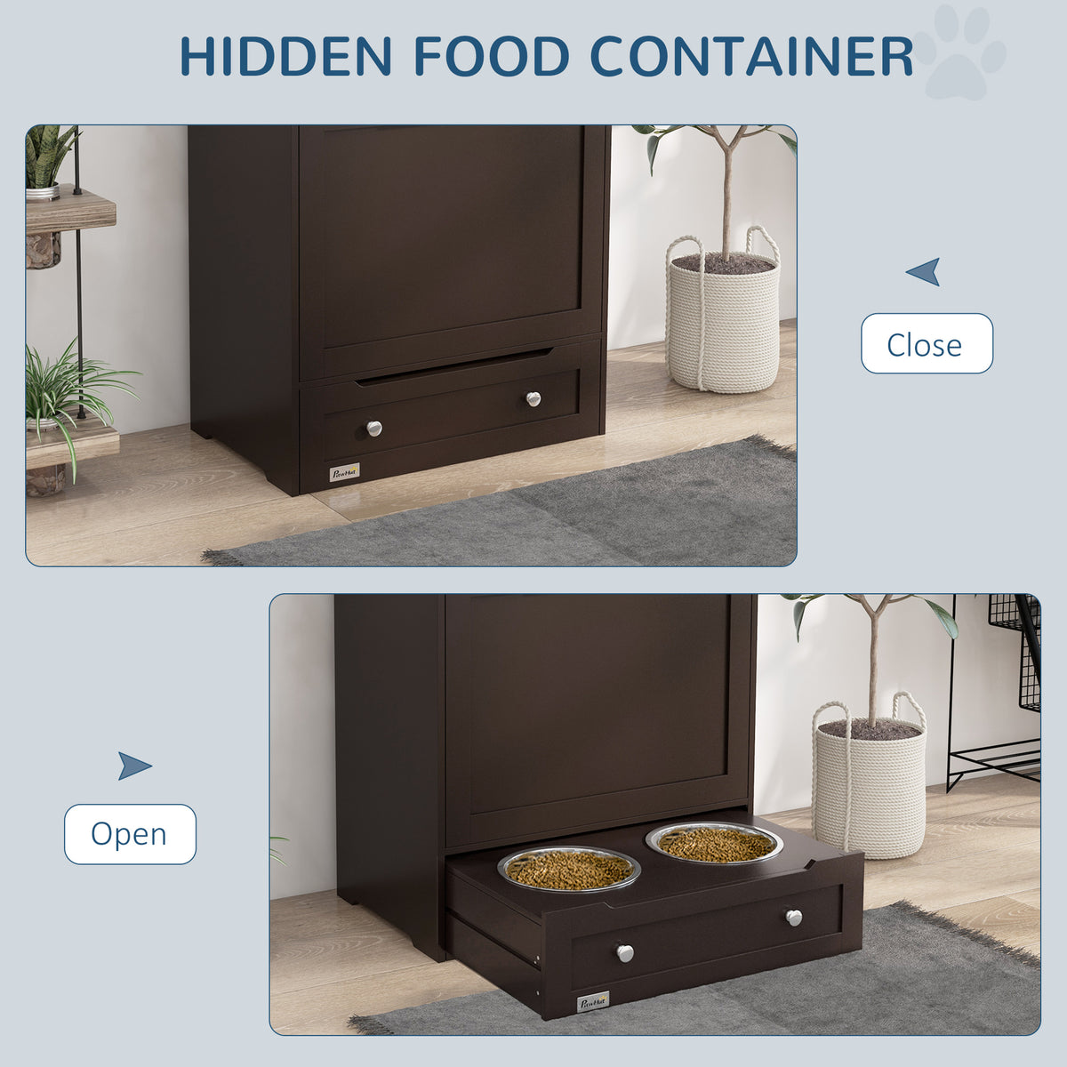 Hidden food container in gray pet feeder station – closed and open views of pull-out drawer with two kibble bowls