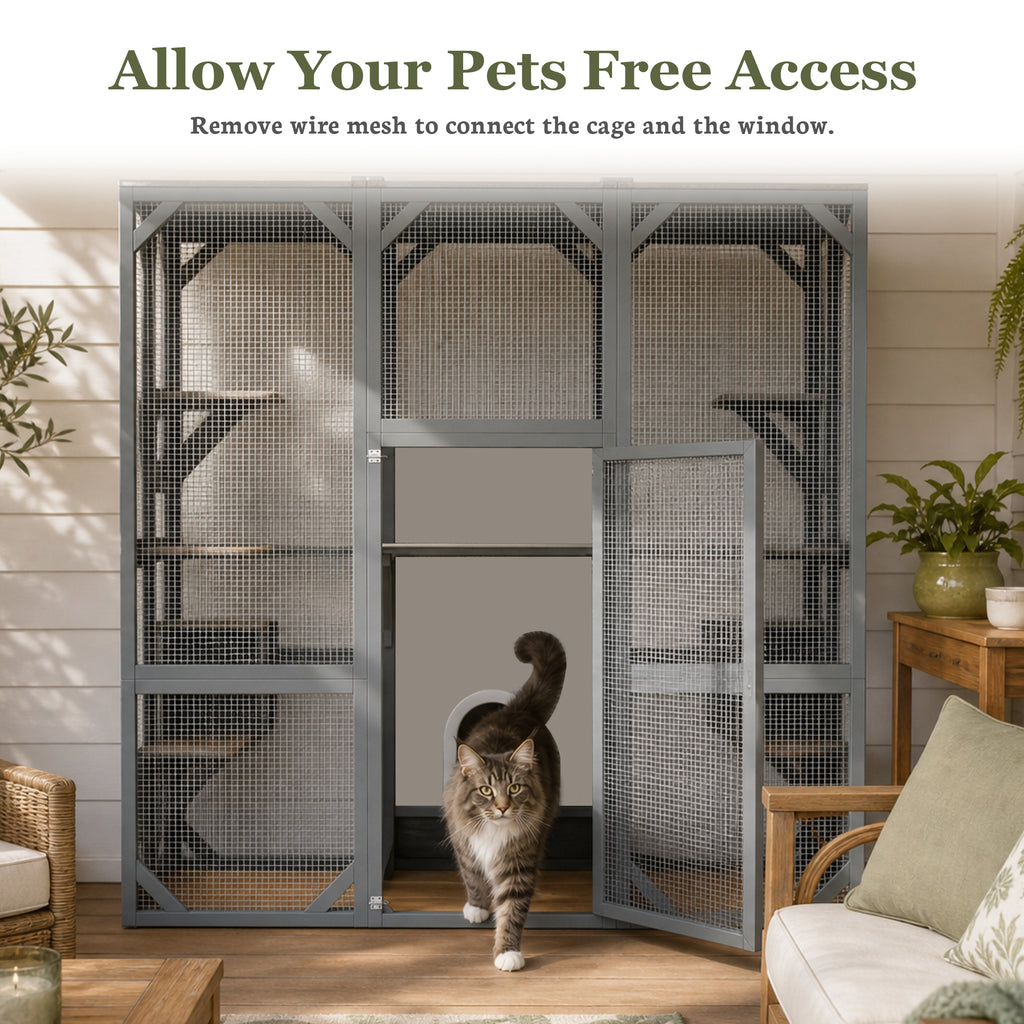 Infographic showing the grey cat enclosure on a patio with a cat walking out through the open door, illustrating free access by removing wire mesh to connect to a window