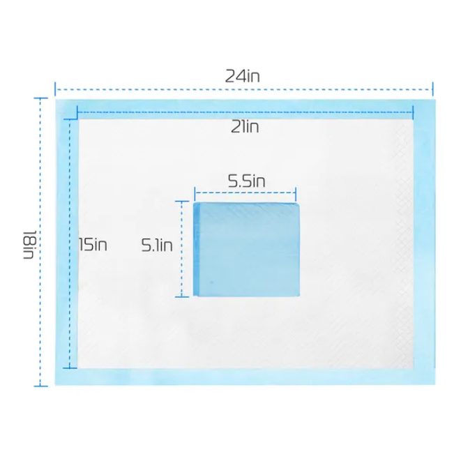 Dimension diagram of dog training pad showing 24 by 18 inch size and absorbent core measurements