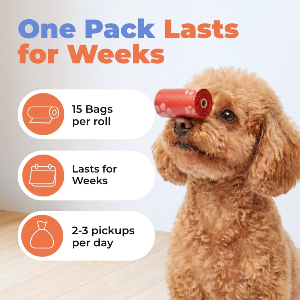 poodle with red dog poop bag roll on nose showing 15 bags per roll lasting for weeks with 2-3 pickups per day