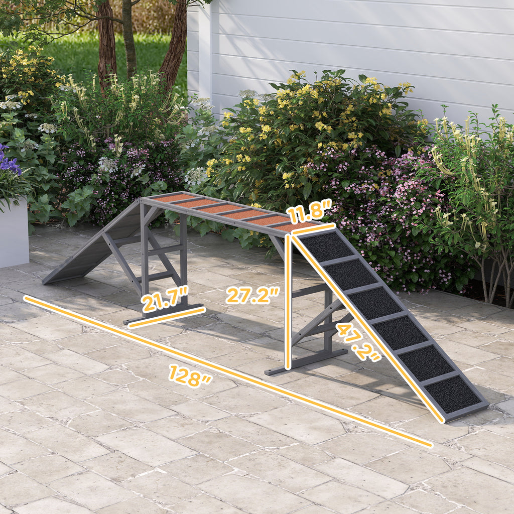 Gray wooden dog agility ramp side view