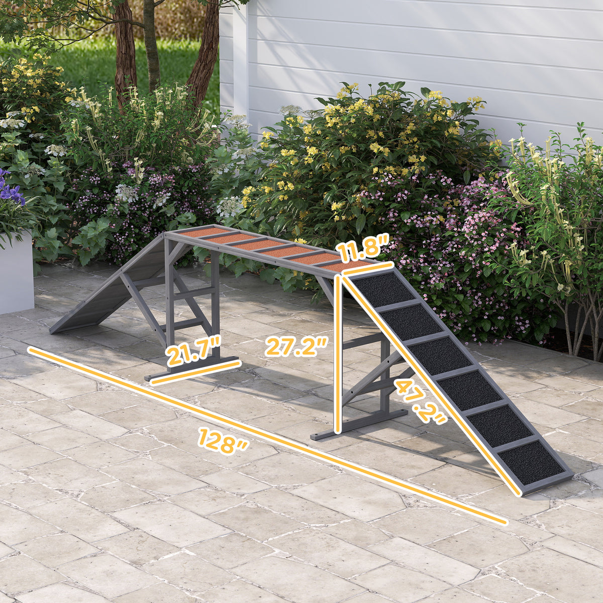 Gray wooden dog agility ramp side view