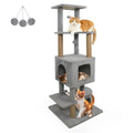 64-inch light gray cat tower with plush perches and dangling balls
