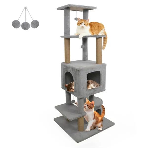 64-inch light gray cat tower with plush perches and dangling balls