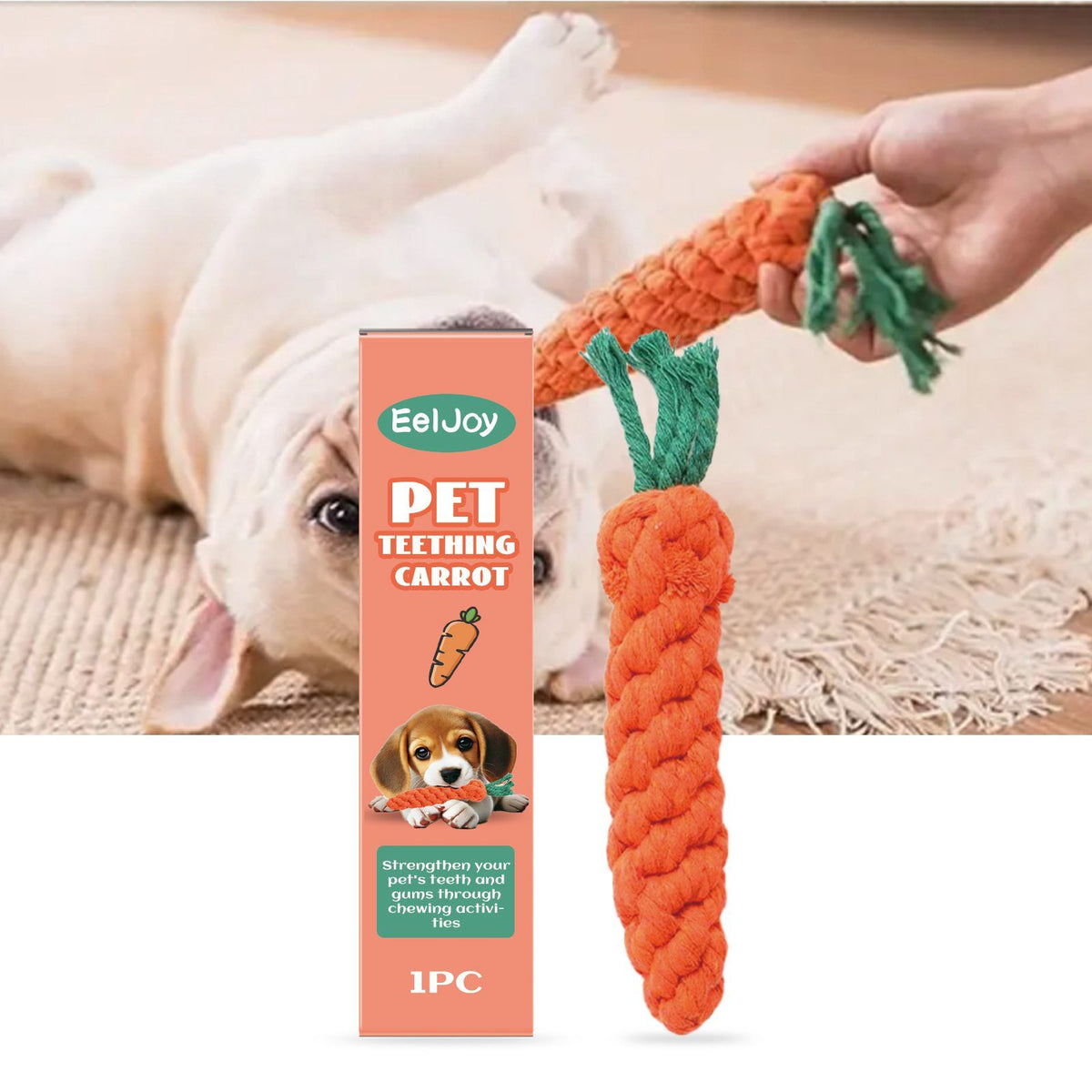 Two orange carrot dog toys beside packaging and a dog