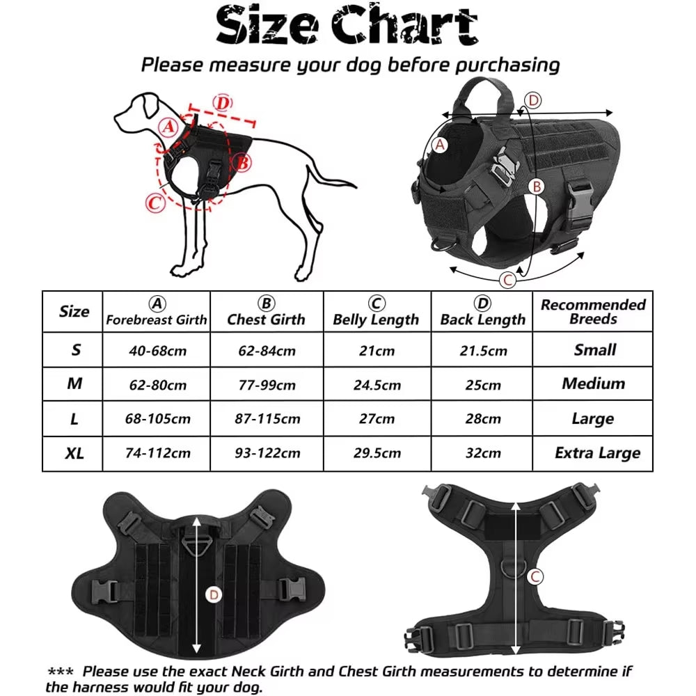 Tactical dog harness size chart: how to measure neck girth, chest girth, belly and back length for sizes S, M, L and XL