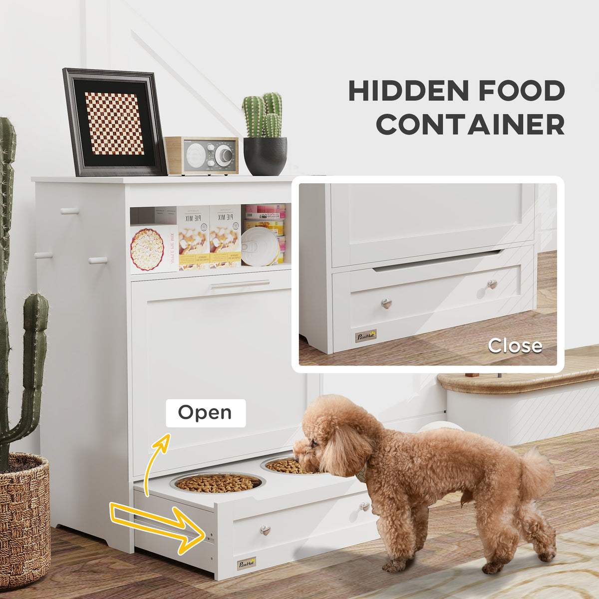 Hidden food container in white pet feeder station – poodle eating from bowls in pull-out drawer of dog food storage cabinet