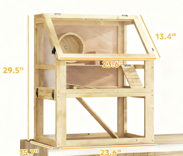 Dimension diagram of the wooden hamster cage showing 29.5-inch height, 23.6-inch width, and 13.4-inch depth.