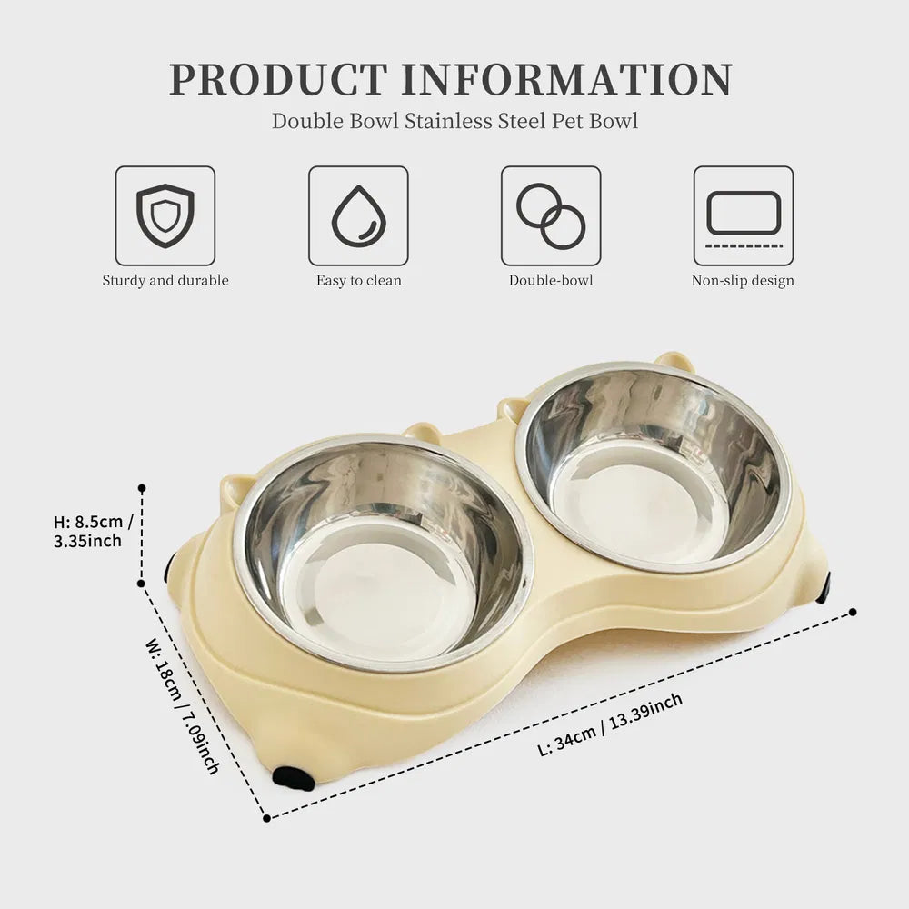 Yellow double bowl stainless steel pet bowl dimensions – 34cm long, 18cm wide, sturdy, easy to clean, double-bowl, non-slip design