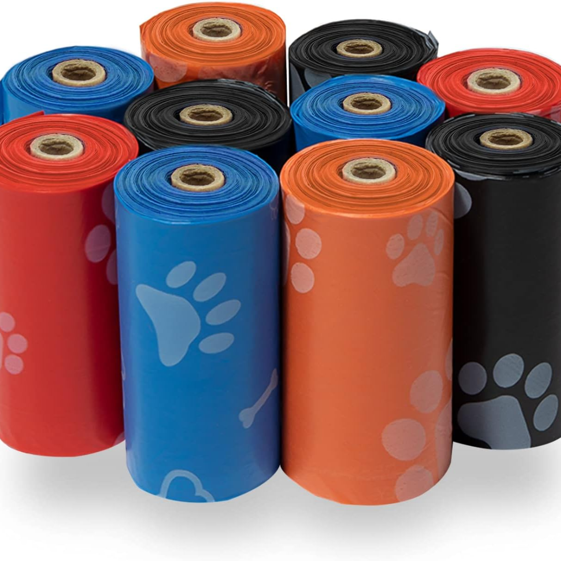 nine rolls of colorful dog poop bags in red blue orange and black with paw print patterns