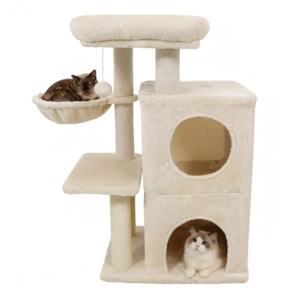 Beige cat tree tower with two-tier condo and anti-toppling design for cats