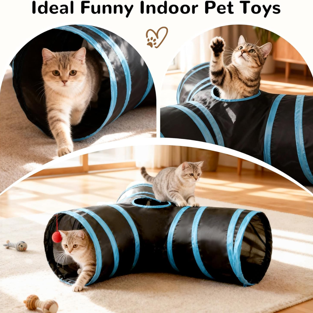 Ideal funny indoor pet toys collage showing tabby cats playing in and on the black 3-way tunnel