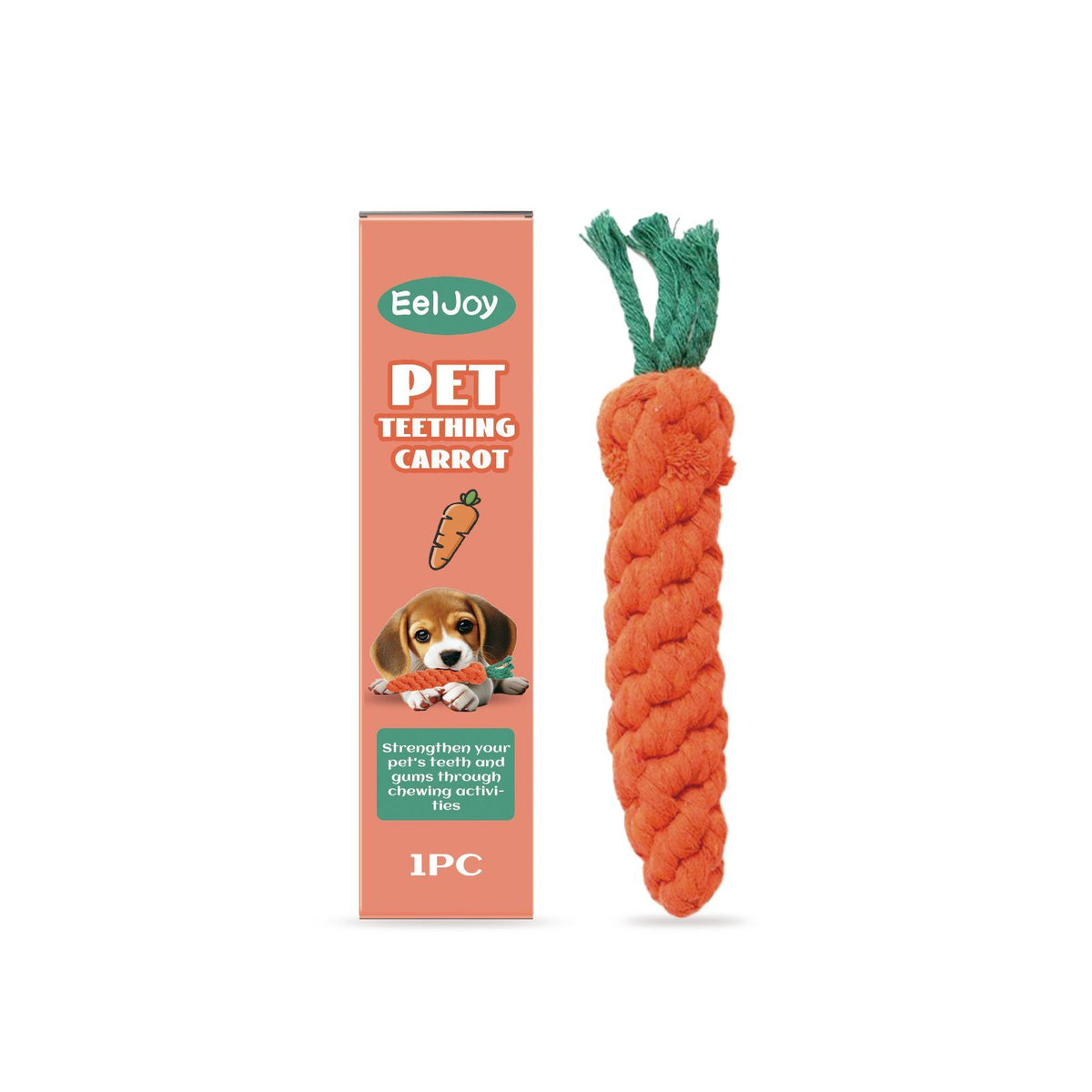 Carrot dog chew toy and packaging laid flat