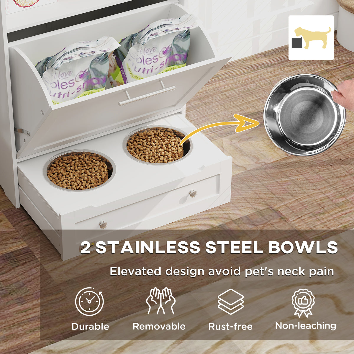 White pet feeder station with 2 stainless steel bowls – elevated design avoids neck pain, durable, removable, rust-free and non-leaching