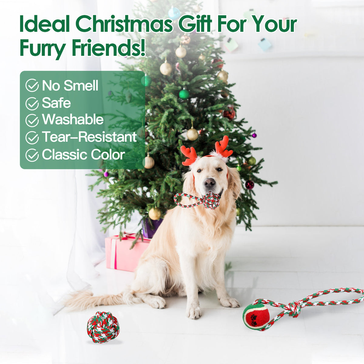 Ideal Christmas gift graphic showing a Golden Retriever in reindeer antlers holding a rope ball by a Christmas tree, highlighting no smell, safe, washable, tear-resistant, and classic color.