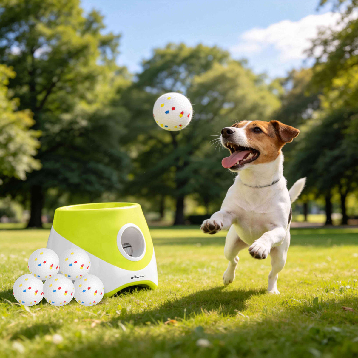 Dog playing with green automatic ball launcher in a park