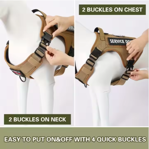 Diagram of tan tactical dog harness showing 2 neck buckles and 2 chest buckles, easy on and off with 4 quick buckles