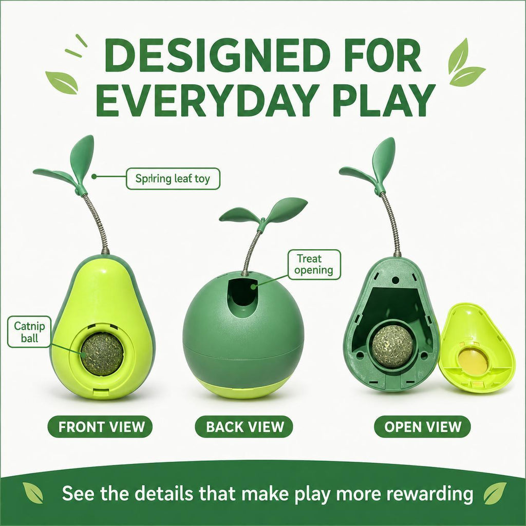 Design details graphic showing front, back, and open views of the avocado toy with catnip ball, treat opening, and spring leaf teaser, captioned designed for everyday play.
