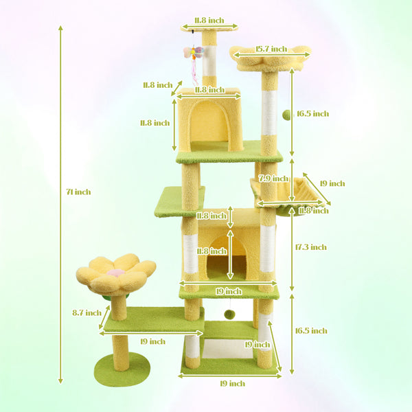 Flower cat tree showing removable flower cushion and scratching posts