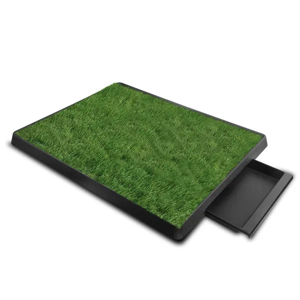 Artificial grass dog potty training pad with black tray and pull-out waste drawer