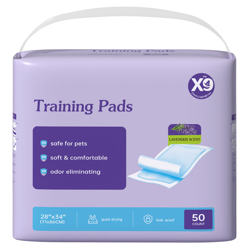 Lavender X9 training pads package 28 by 34 inch, lavender scent with odor eliminating and leak proof, 50 count