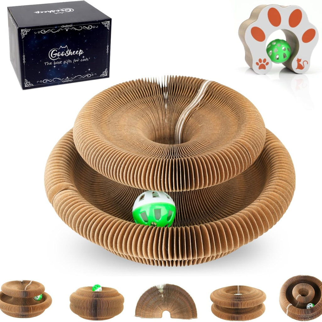 Kitty Kurlz accordion cat scratcher in round tower shape with green ball – GooSheep gift box and paw-shaped scratcher
