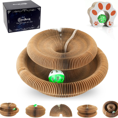 Kitty Kurlz accordion cat scratcher in round tower shape with green ball – GooSheep gift box and paw-shaped scratcher
