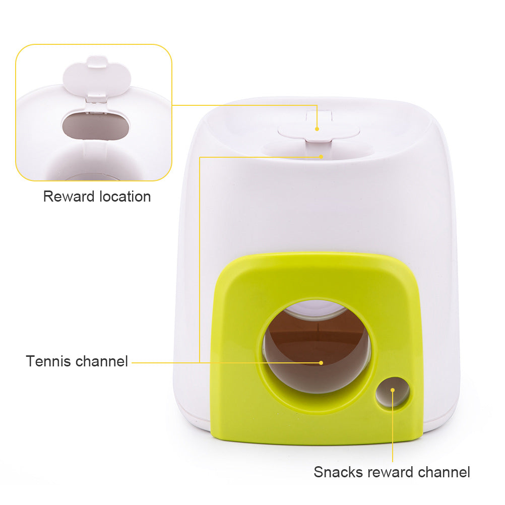 Feature diagram of the dog reward machine labeling the reward location slot, tennis ball channel, and snacks reward channel.