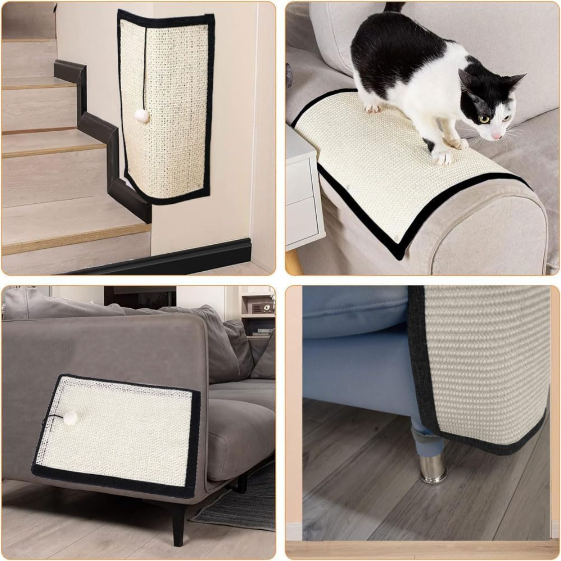 Four ways to use sisal cat scratch pad – wall corner, sofa arm with cat scratching, close-up texture