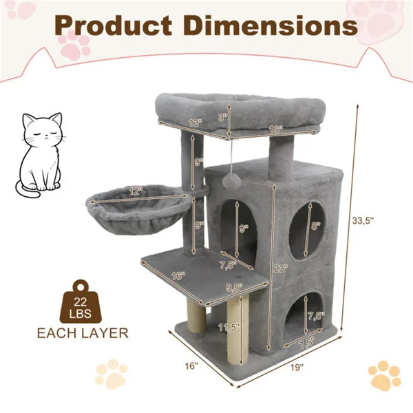 Light gray cat tree product dimensions chart showing 33.5 inch height and 22 lbs per layer capacity