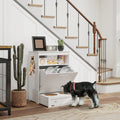 Schnauzer eating from a white pet feeder station storage cabinet – raised dog bowls with pet food storage shelves and leash hooks
