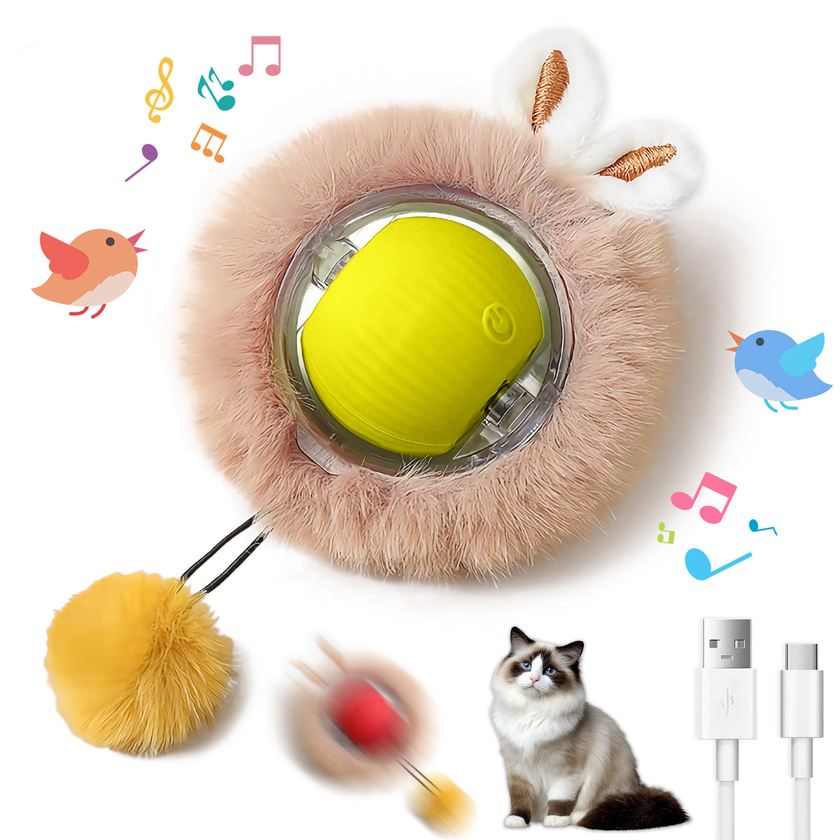 Interactive moving cat ball with fluffy tail and bunny ears