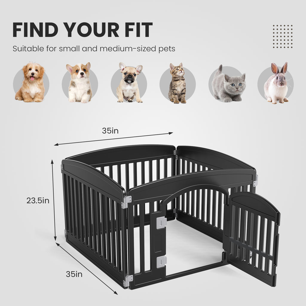 Find your fit size guide for black plastic dog playpen, 35 by 35 by 23.5 inches, suitable for small and medium-sized dogs, cats and rabbits