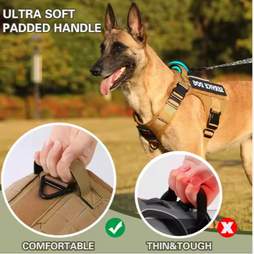 Dog wearing tan tactical no-pull dog harness vest highlighting ultra soft padded handle comfort