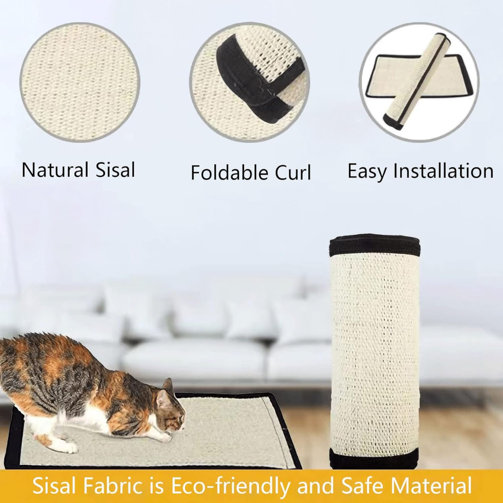 Sisal cat scratch pad features – natural sisal, foldable curl, easy installation; calico cat scratching, eco-friendly material