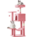 Pink plush 44 inch cat tree tower with two cats, condo cubby, hammock and sisal scratching posts