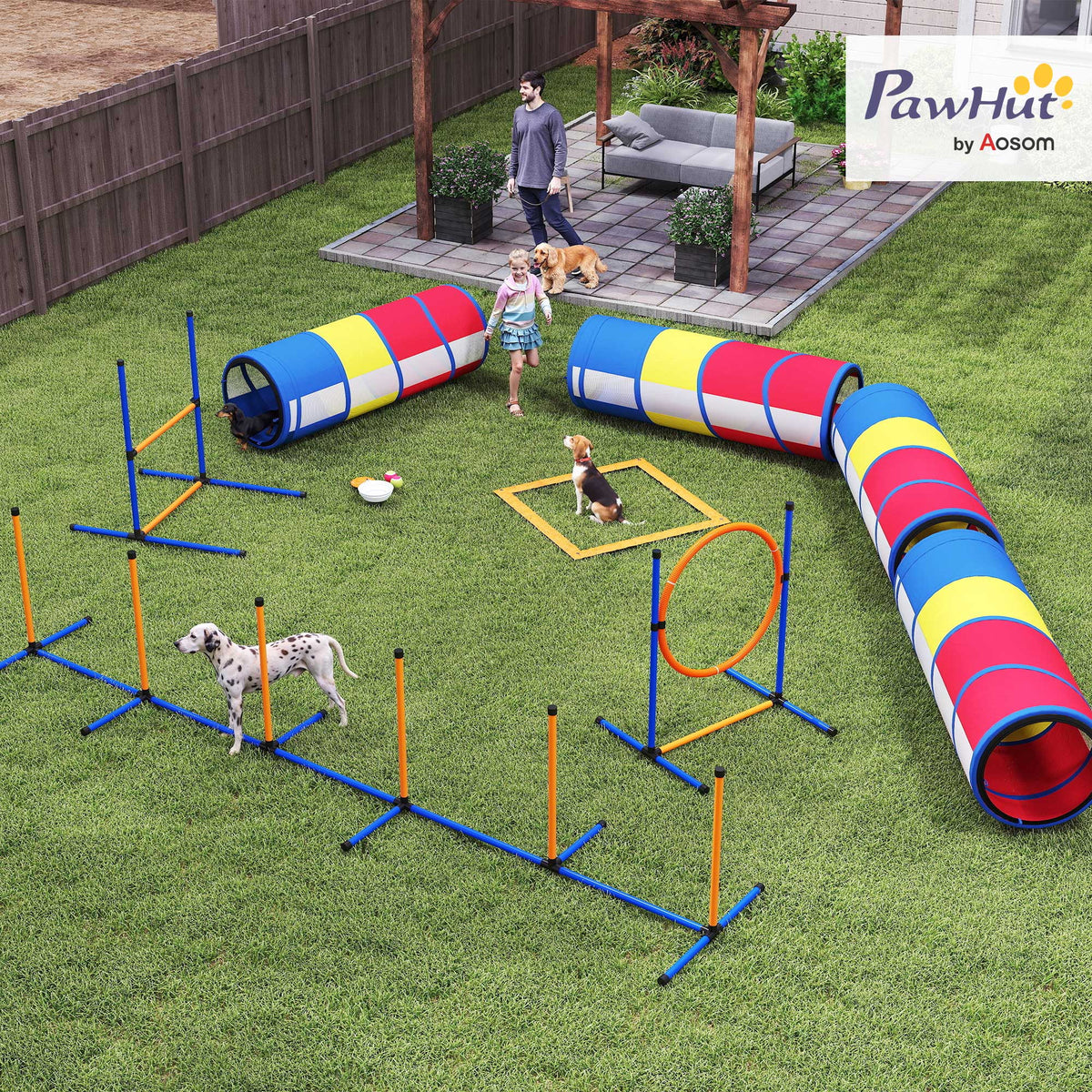 Multicolor dog agility obstacle course set up in a backyard