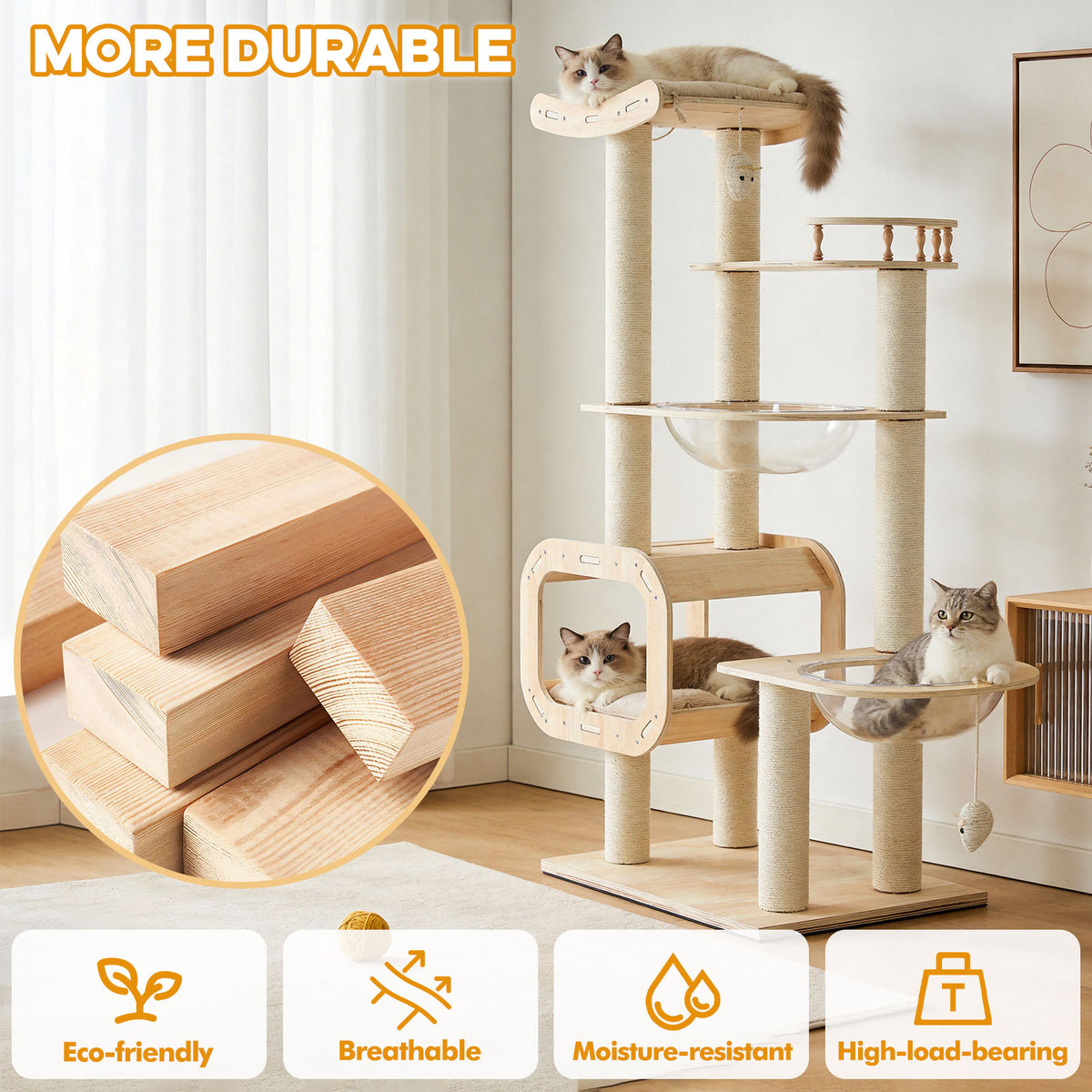 Durable wood material infographic showing solid wood planks and eco-friendly, high-load-bearing features with three cats
